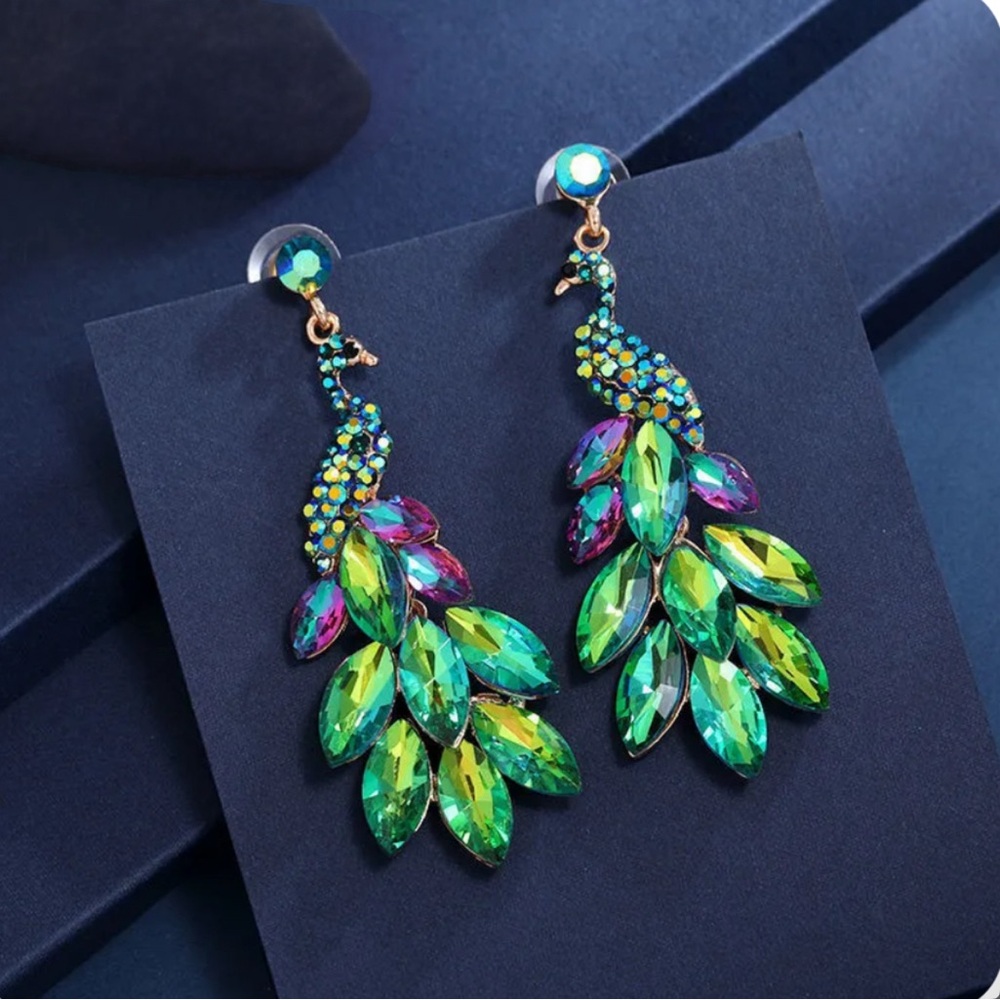 Peacock rhinestone dangle statement earrings, New! - Picture 5 of 14